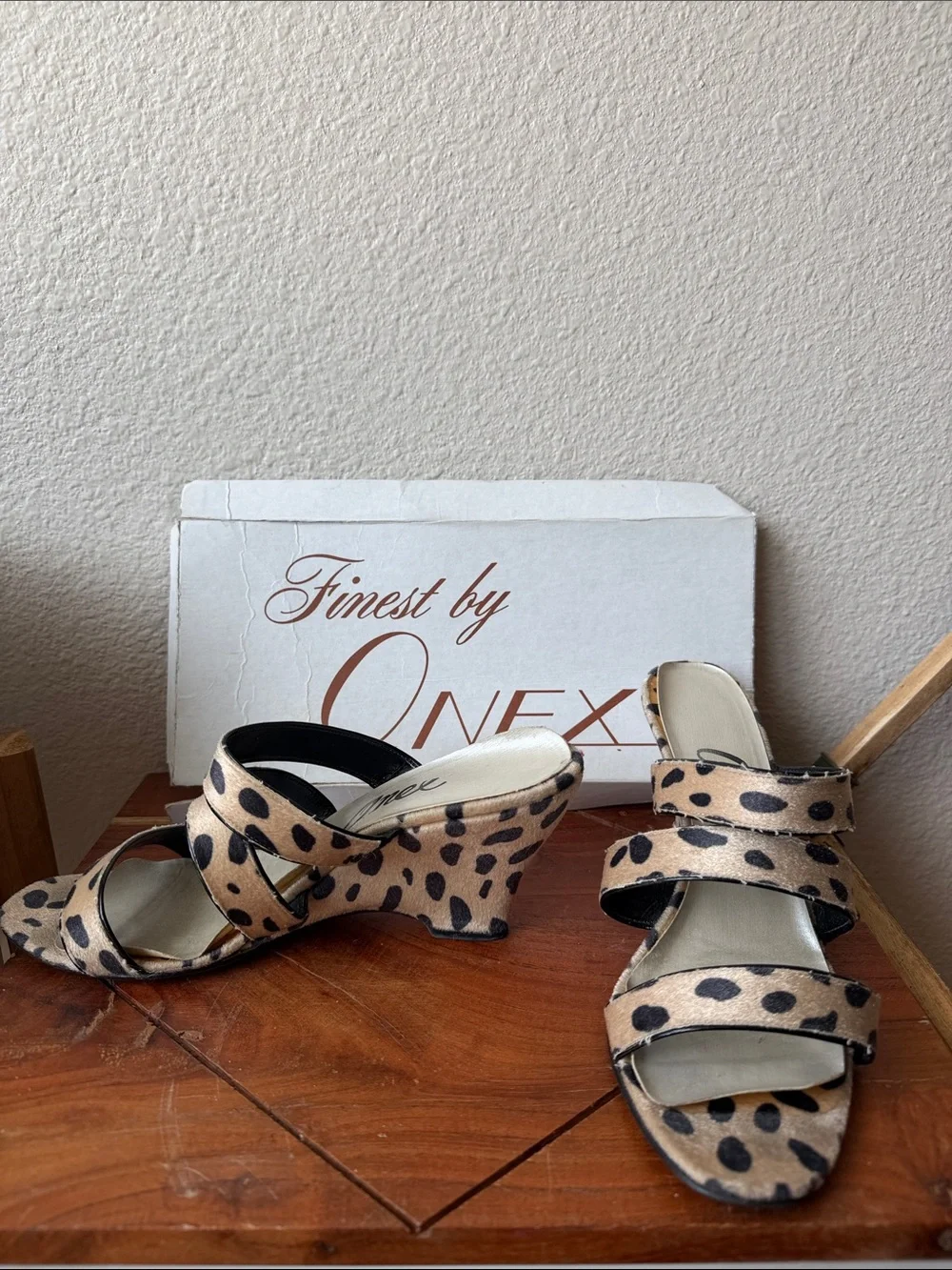 Onex Leopard Print Tan and Black Wedge Sandals